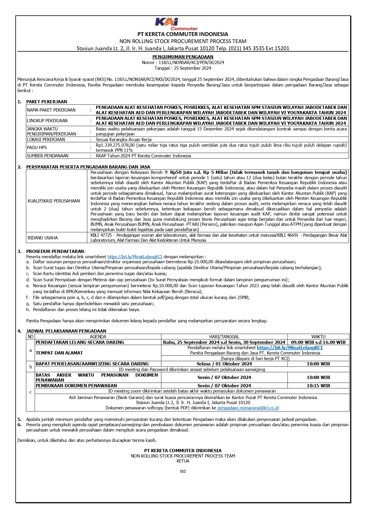 2 pengumuman 118 pengadaan alat kesehatan poskes posrikkes alat kesehatan spm stasiun dan alat kesehatan aed dan perlengkapan wilayah jabodetabek dan wilayah vi yogyakarta tahun 2024 page 0001